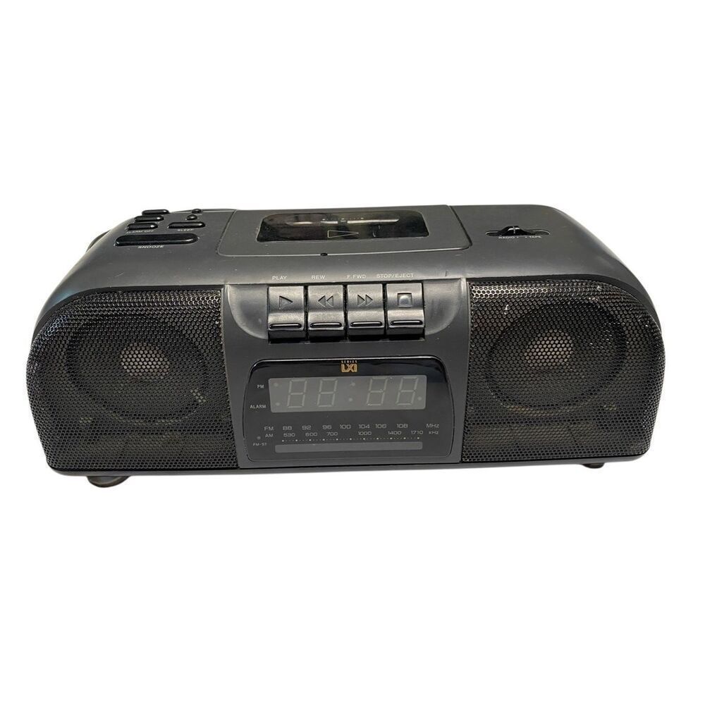LXI Series AM FM Clock Radio With Cassette Player Boombox Alarm Clock Black